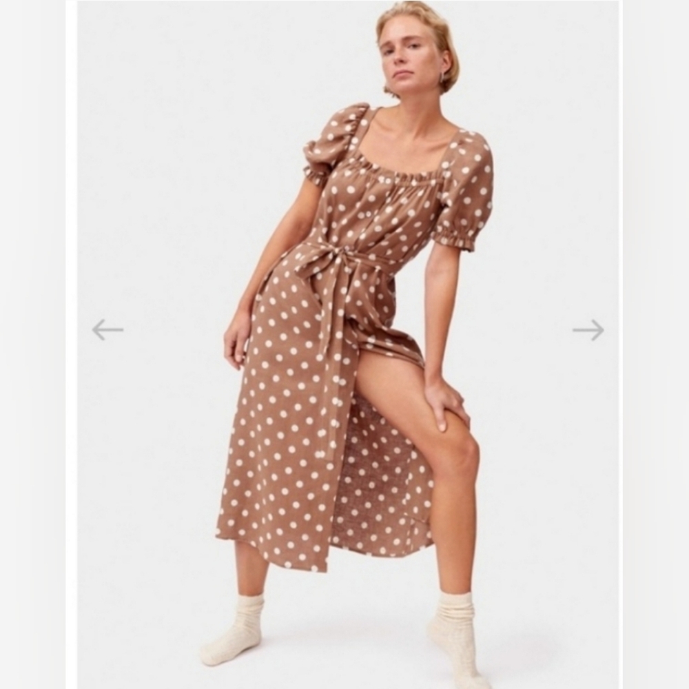 Sleeper 100% linen Brigitte dress brown polka dot medium
